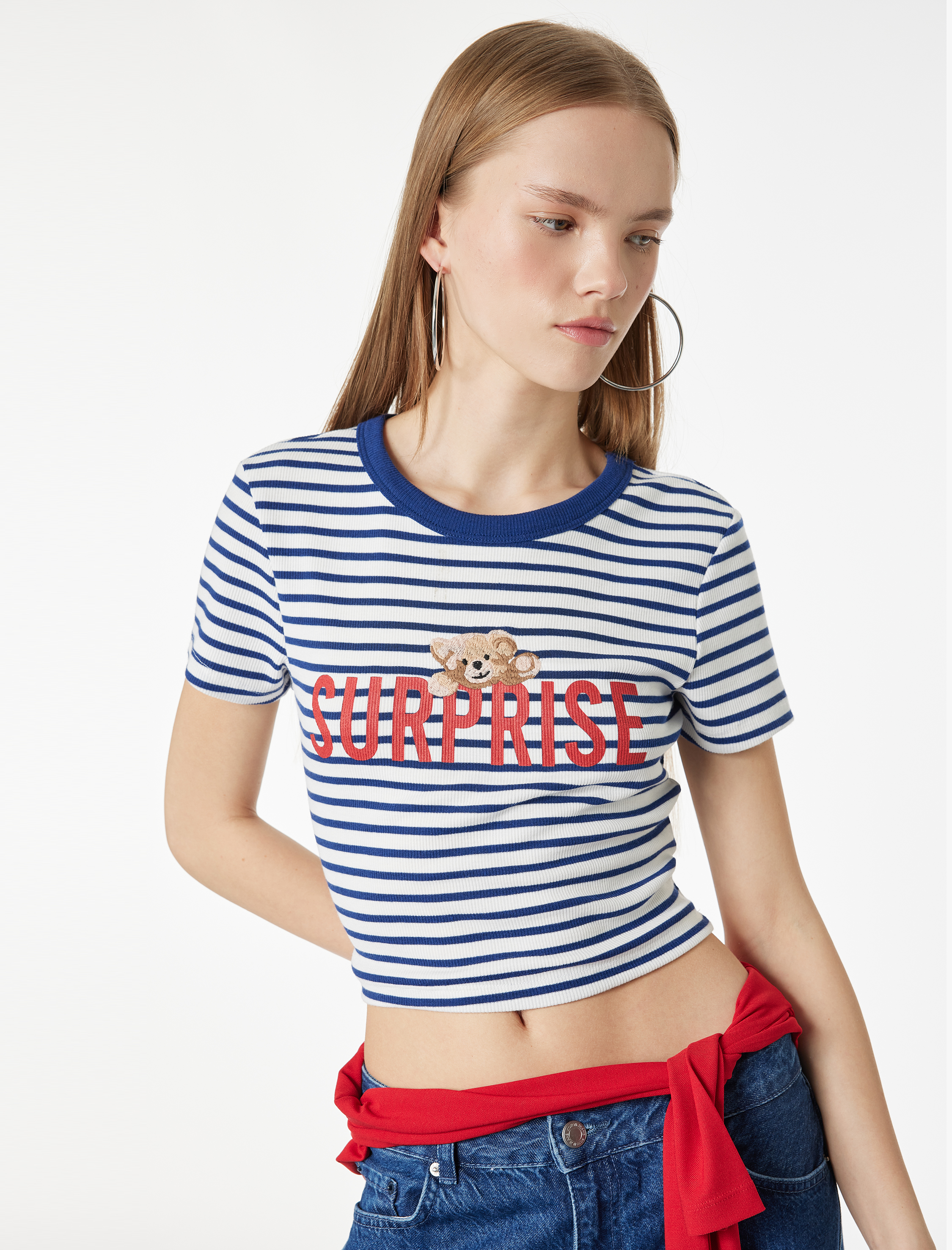   Slim Fit Kısa Kollu Bisiklet Yaka Ayıcık Baskılı Tişört