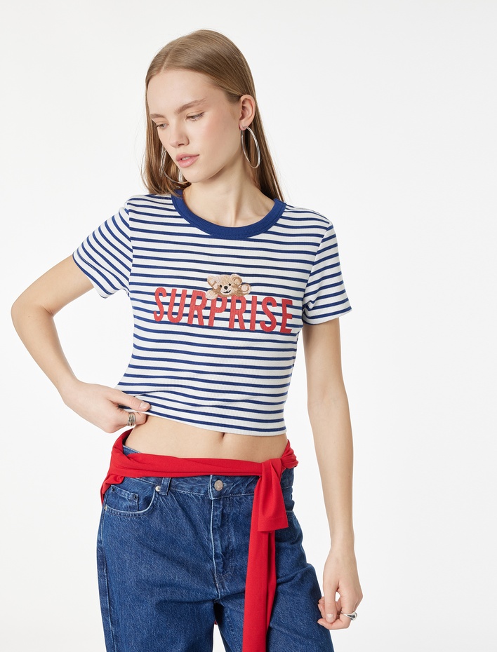  Slim Fit Kısa Kollu Bisiklet Yaka Ayıcık Baskılı Tişört