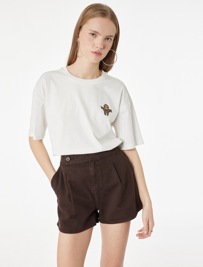  Bisiklet Yaka Kısa Kollu Koala Nakışlı Pamuklu Oversize Tişört