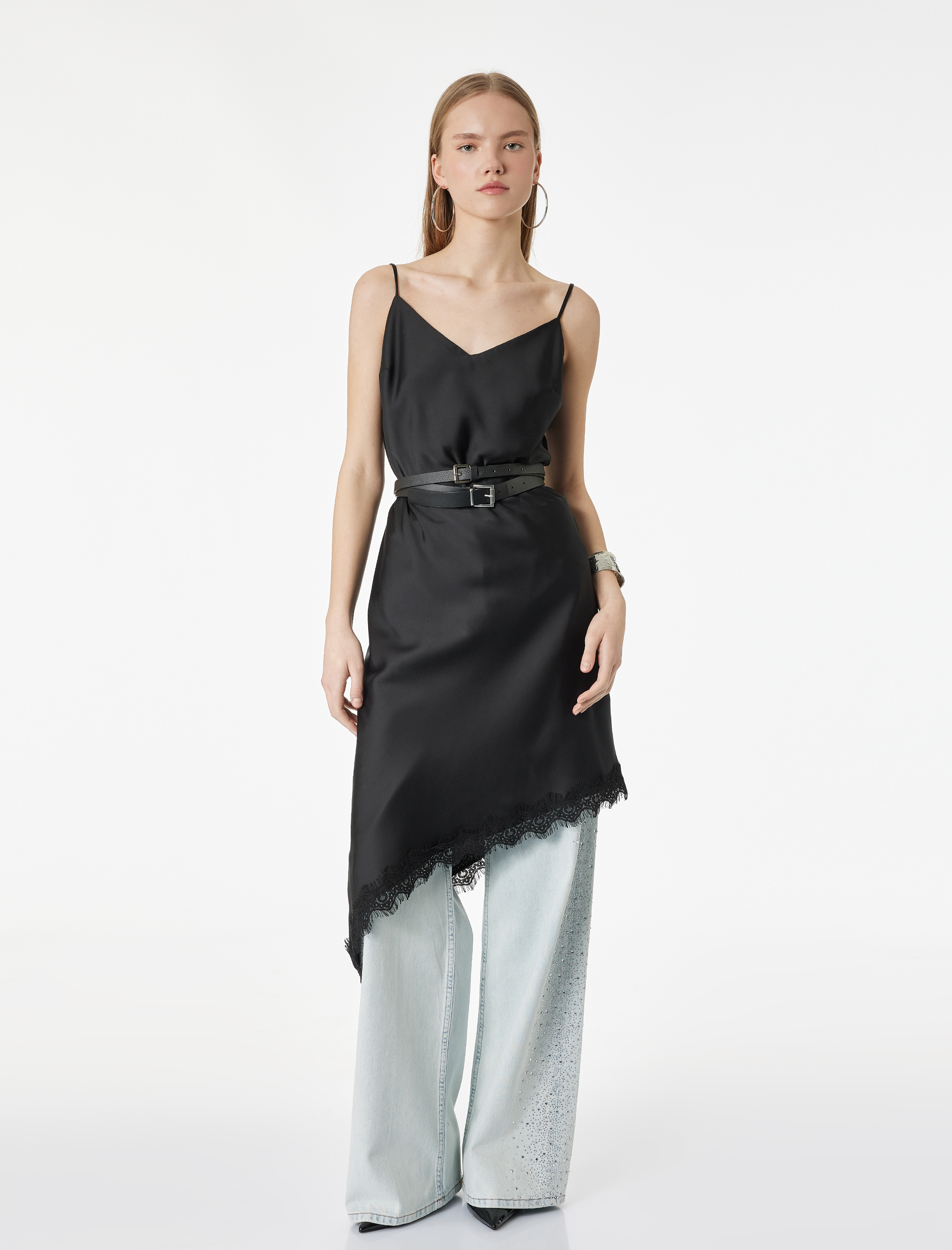   Pamuklu Düğmeli Cepli Geniş Paça Taşlı Denim Pantolon -  Wide Leg Jeans