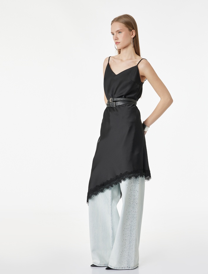  Pamuklu Düğmeli Cepli Geniş Paça Taşlı Denim Pantolon -  Wide Leg Jeans