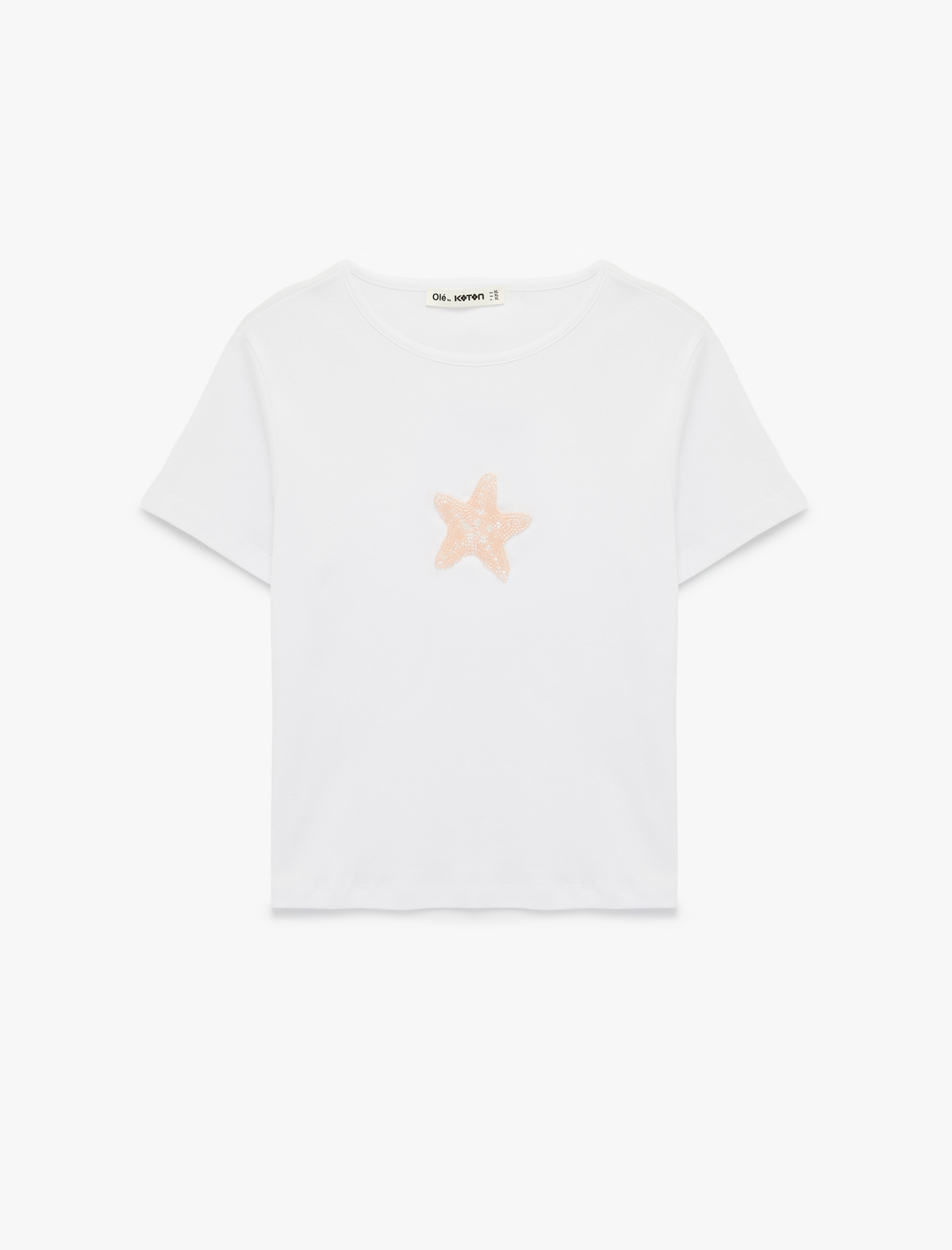   Slim Fit Kısa Kollu Yıldız Baskılı Bisiklet Yaka Pamuklu Taşlı Tişört