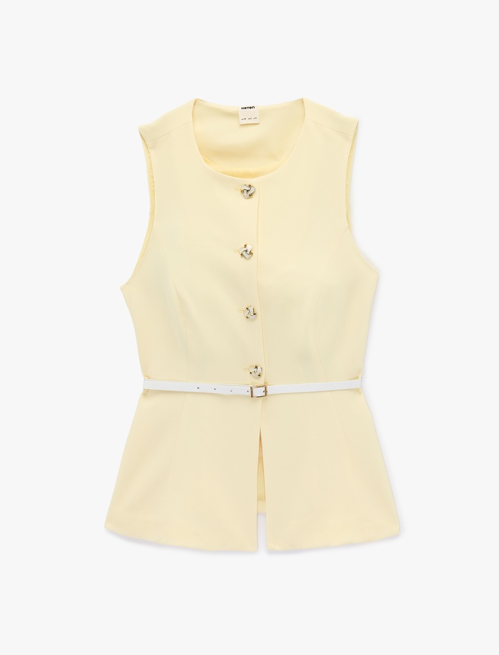  Mücevher Düğmeli Kemerli Bisiklet Yaka Krep Kumaş Uzun Peplum Yelek