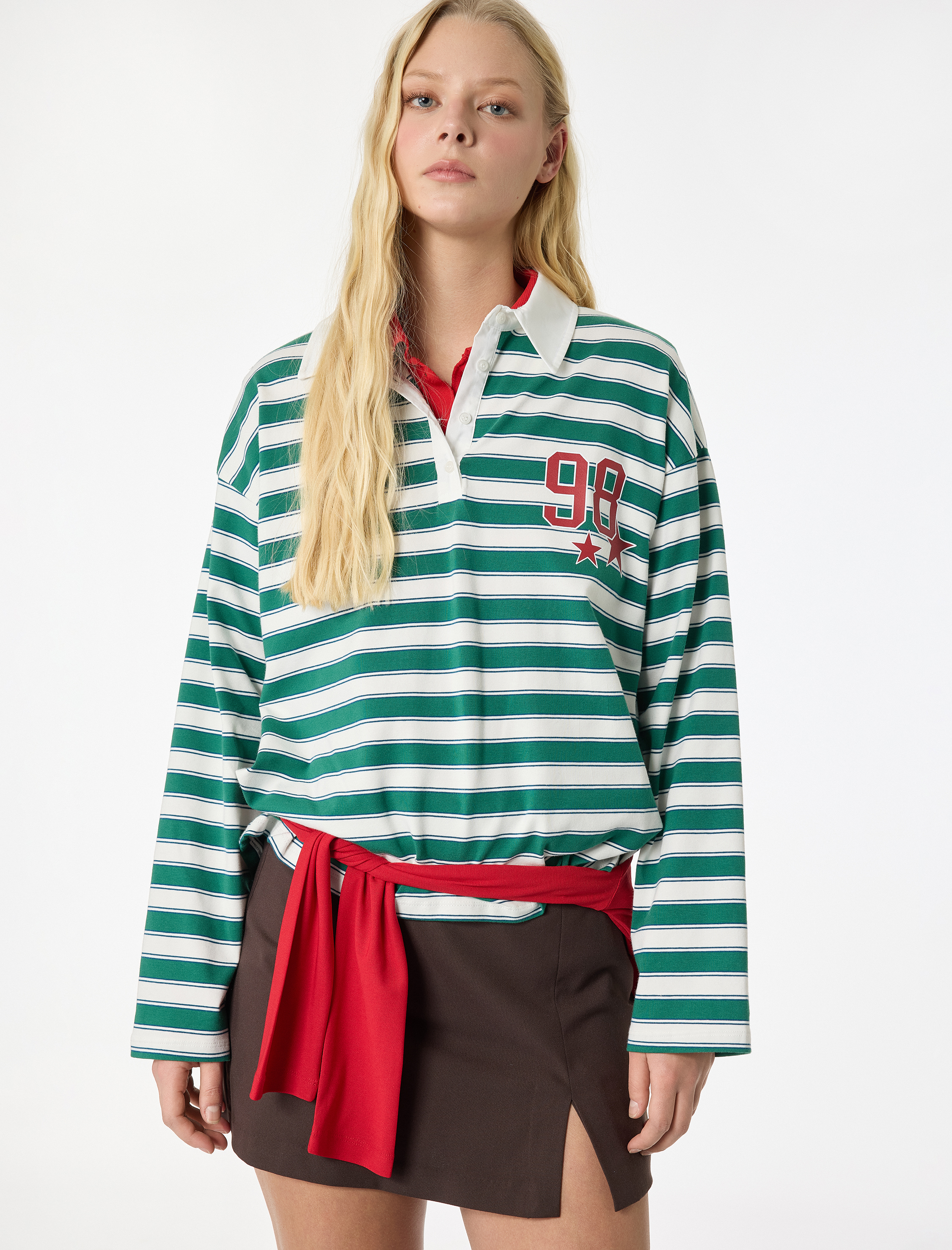   Arkası Baskılı Uzun Kollu Polo Yaka Oversize Tişört