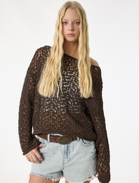 Uzun Kollu Bisiklet Yaka Ajurlu Triko Kazak