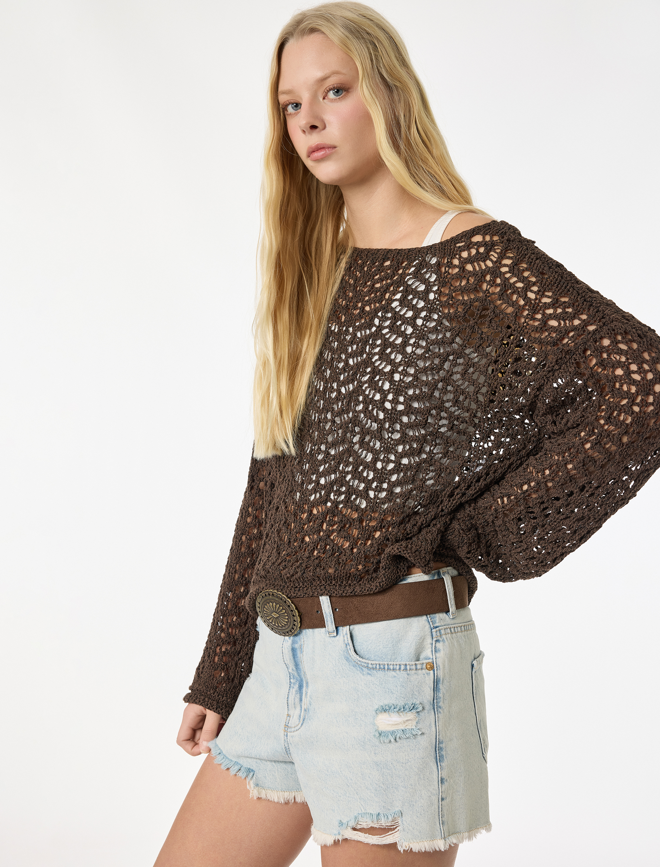   Uzun Kollu Bisiklet Yaka Ajurlu Triko Kazak