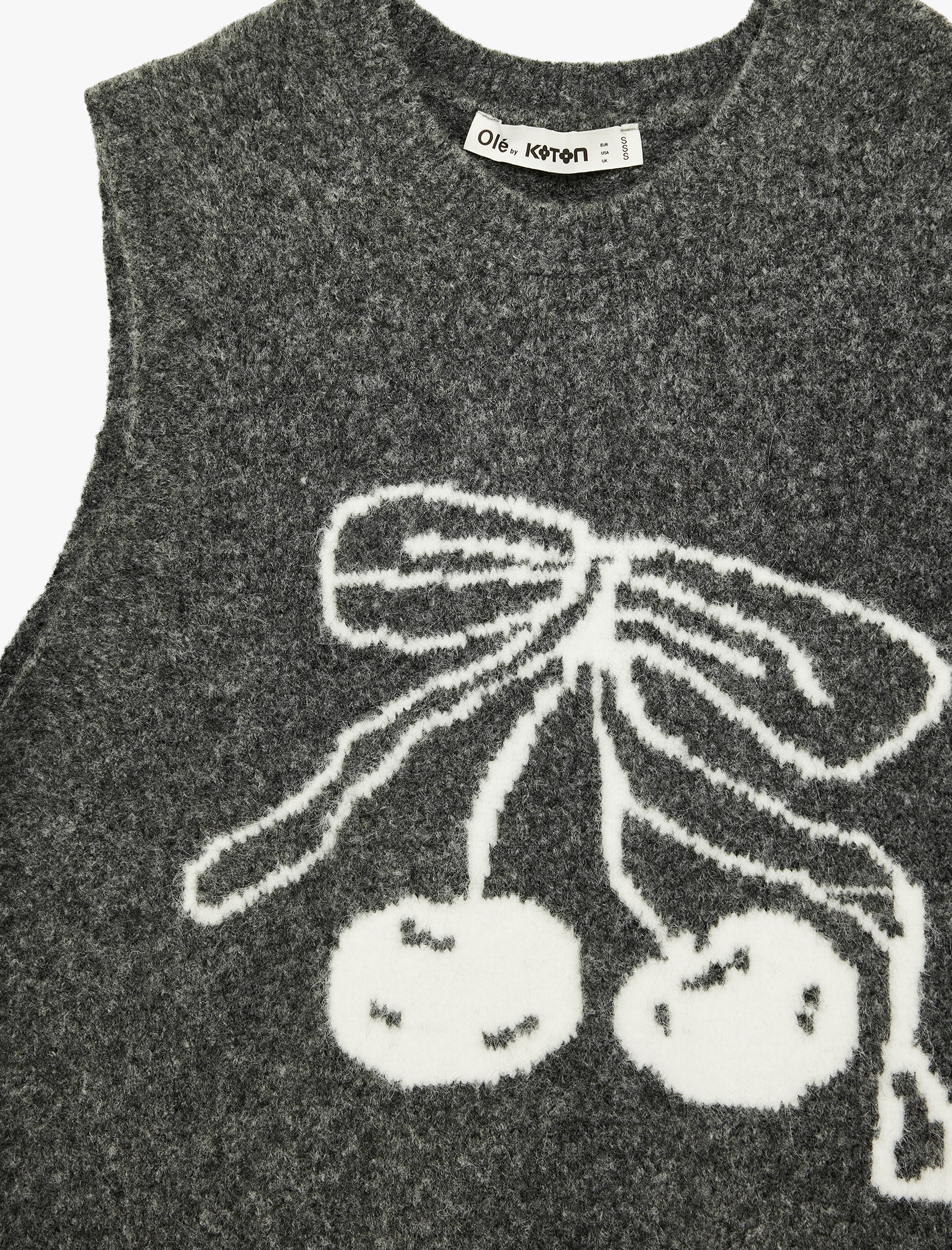   Kolsuz Bisiklet Yaka Koyun Yünü Karışımlı Kiraz Desenli Triko Süveter