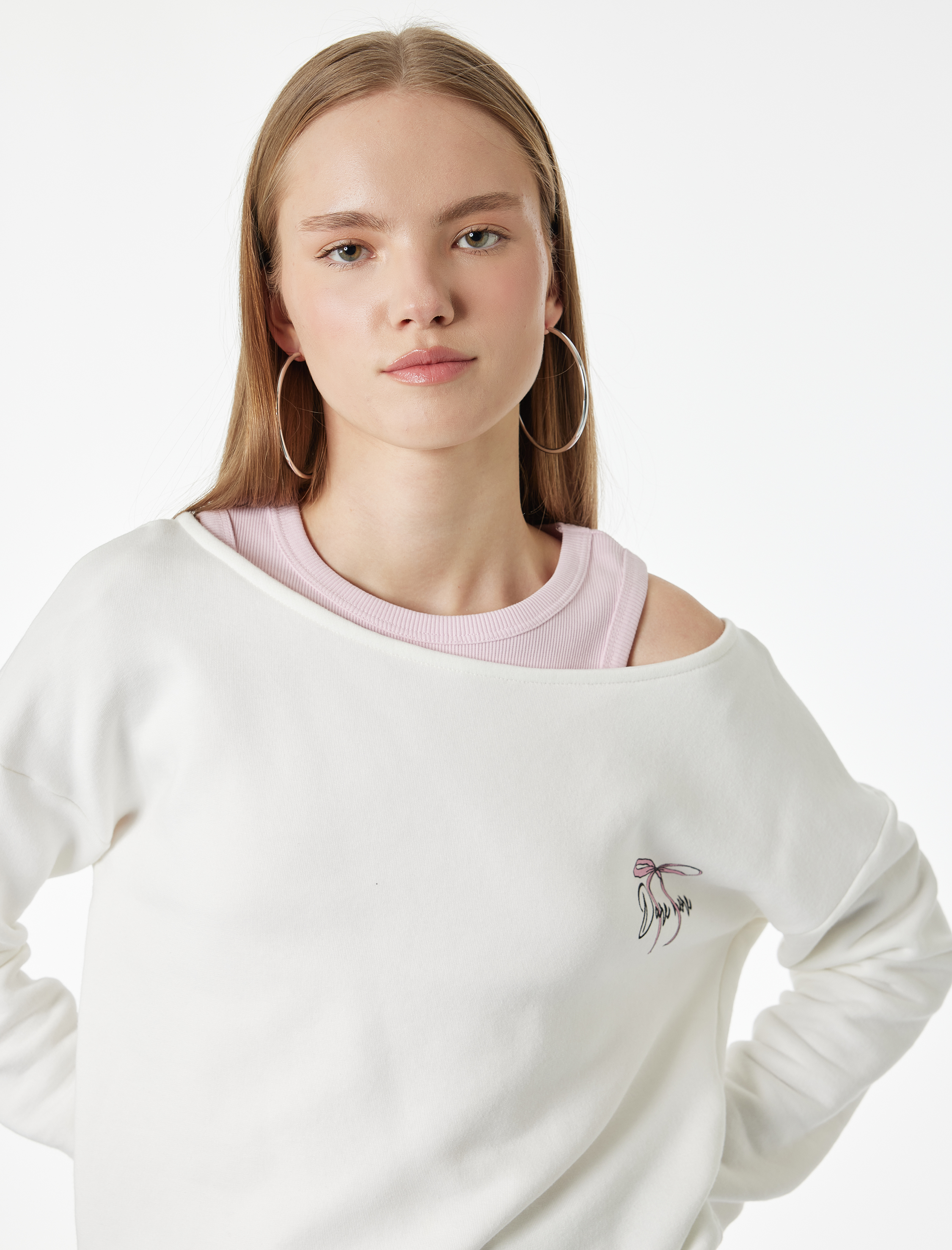   Modal Karışımlı Uzun Kollu Kayık Yaka Oversize Baskılı Sweatshirt
