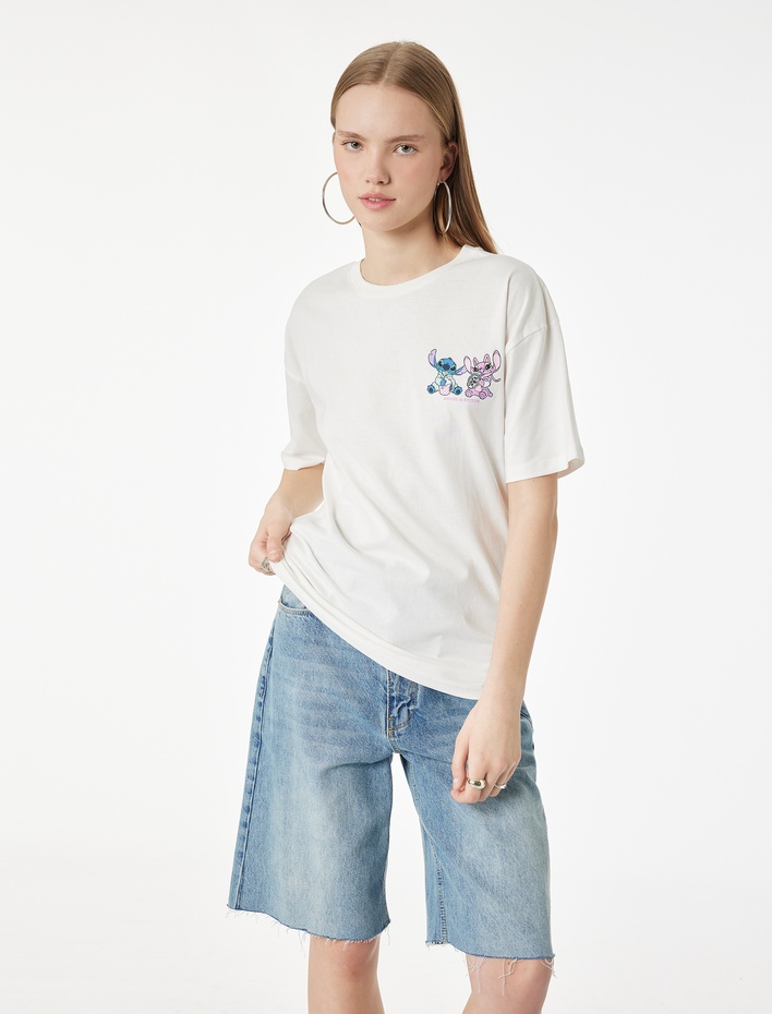  Stitch Lisanslı Kısa Kollu Bisiklet Yaka Arkası Baskılı Oversize Tişört