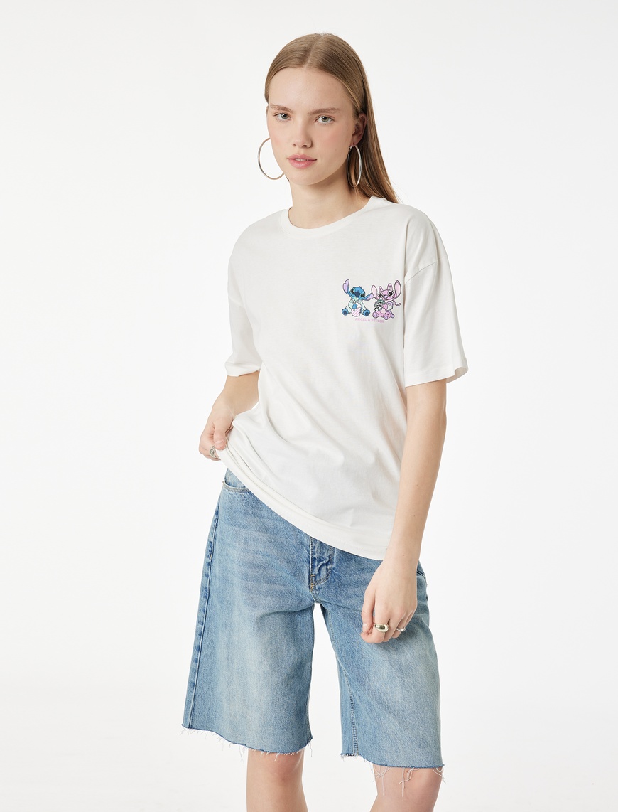 Ekru Stitch Lisanslı Kısa Kollu Bisiklet Yaka Arkası Baskılı