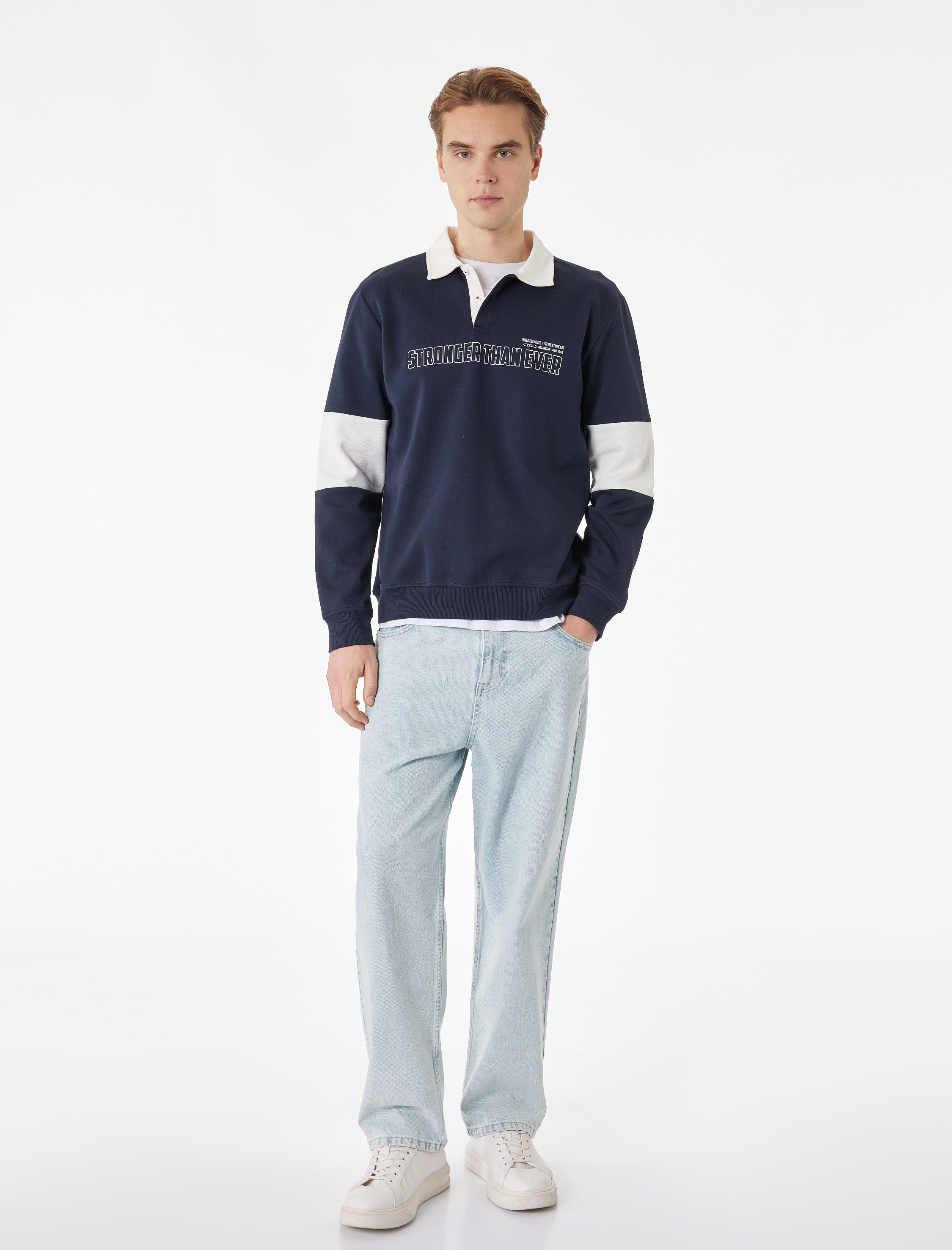   Uzun Kollu Pamuklu Renk Kontrastlı Düğmeli Baskılı Polo Yaka Sweatshirt