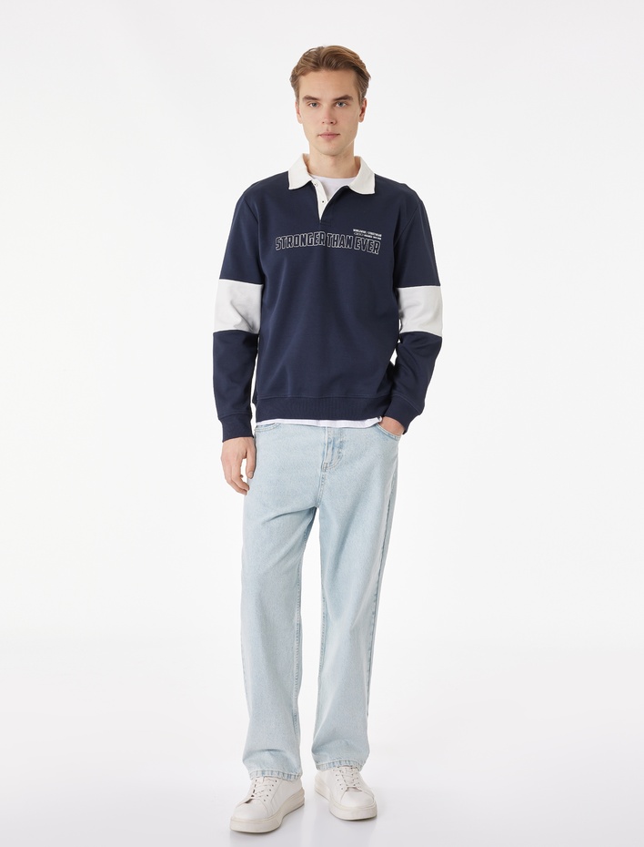  Uzun Kollu Pamuklu Renk Kontrastlı Düğmeli Baskılı Polo Yaka Sweatshirt