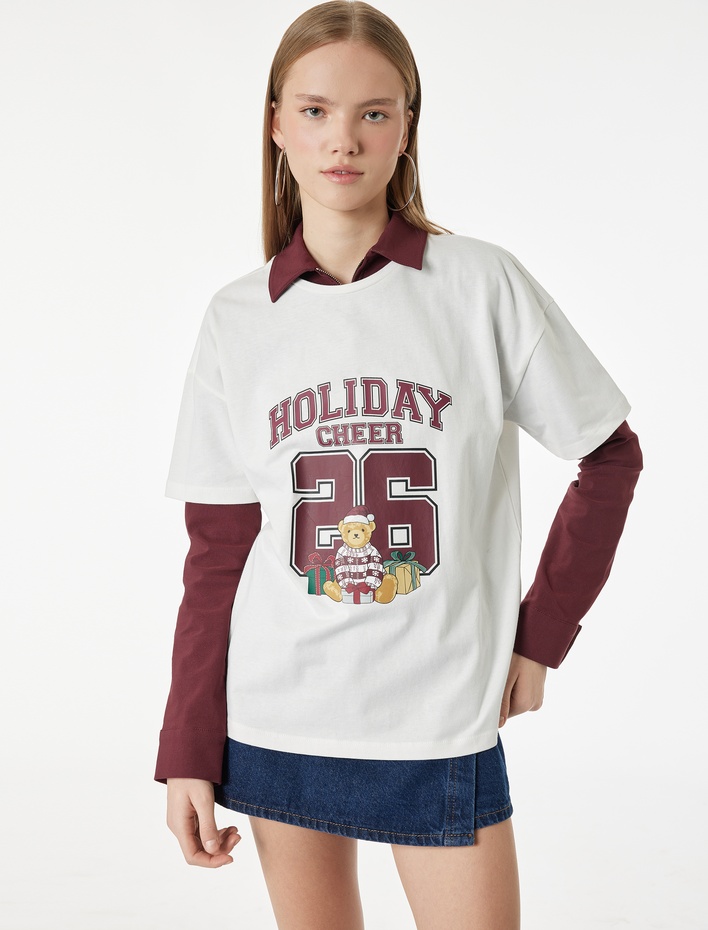  Pamuklu Kısa Kollu Bisiklet Yaka Ayıcık Baskılı Oversize Pijama Üstü