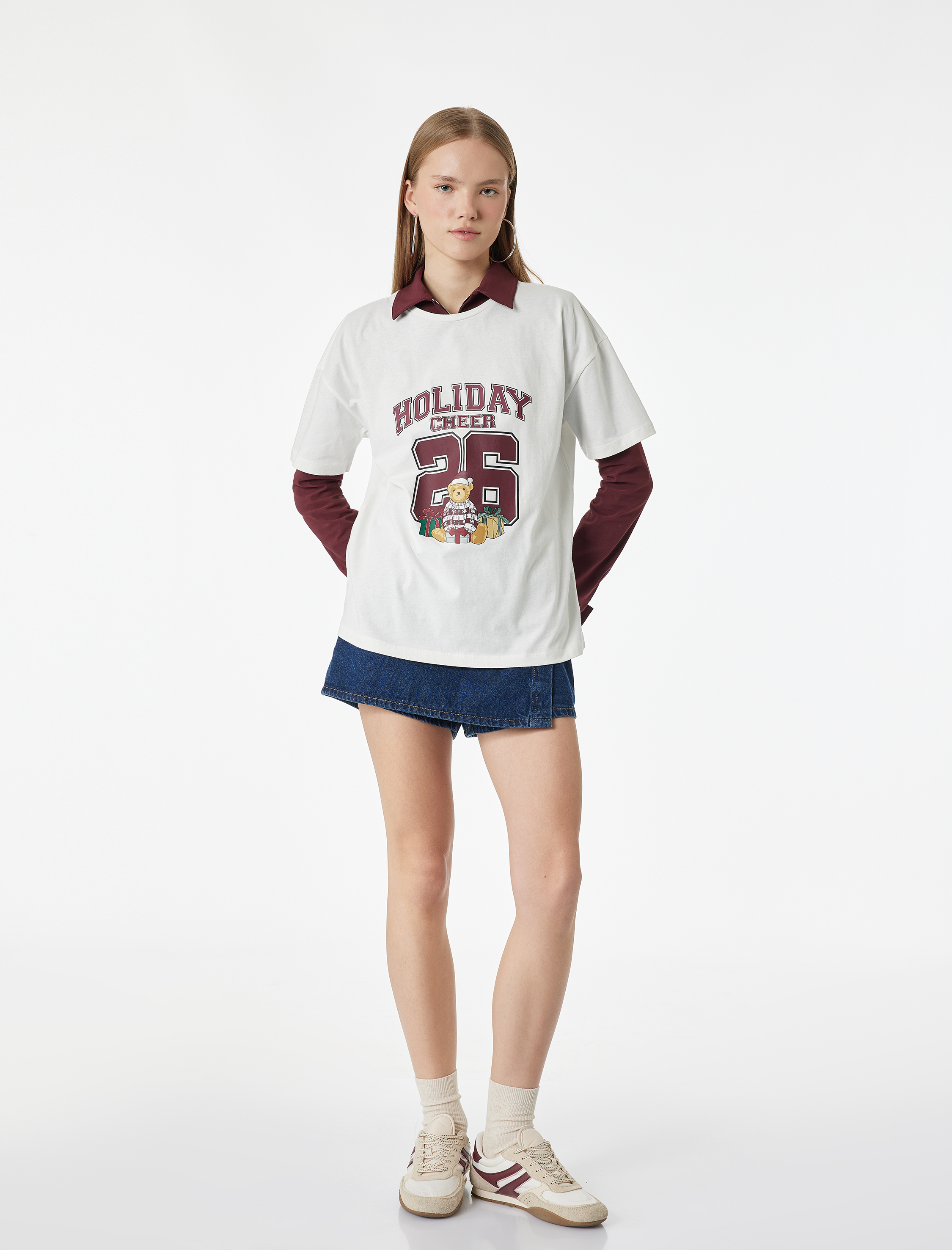   Pamuklu Kısa Kollu Bisiklet Yaka Ayıcık Baskılı Oversize Pijama Üstü