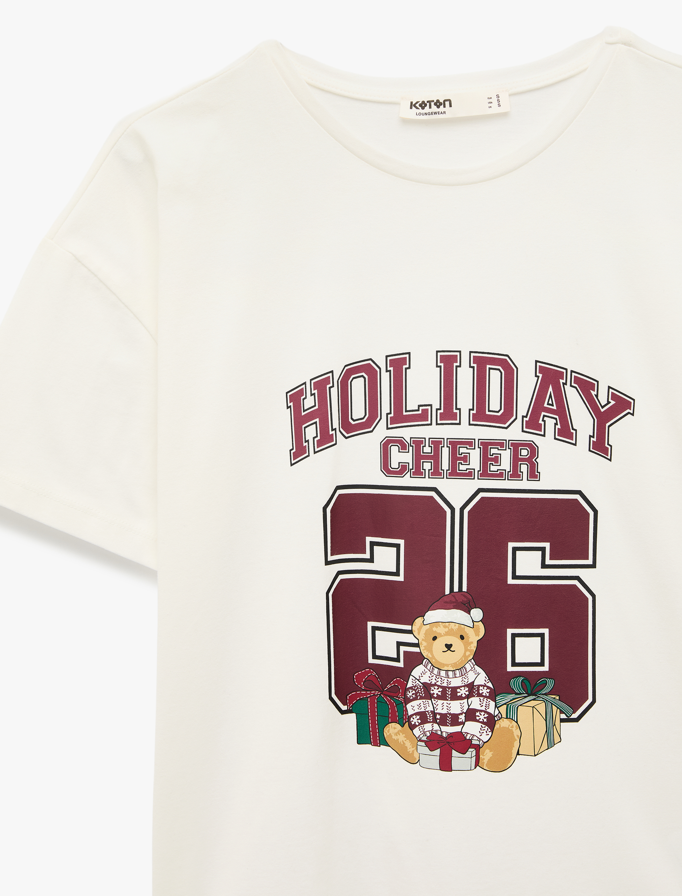   Pamuklu Kısa Kollu Bisiklet Yaka Ayıcık Baskılı Oversize Pijama Üstü