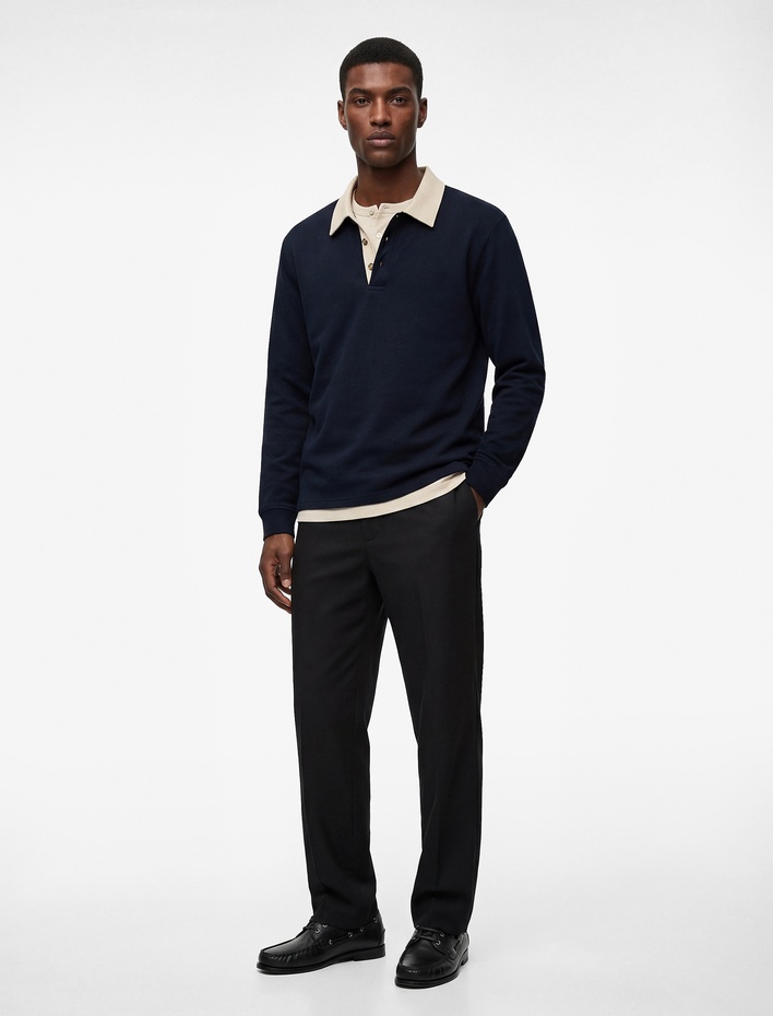  Regular Fit Uzun Kollu Pamuklu Renk Kontrastlı Düğmeli Polo Yaka Sweatshirt