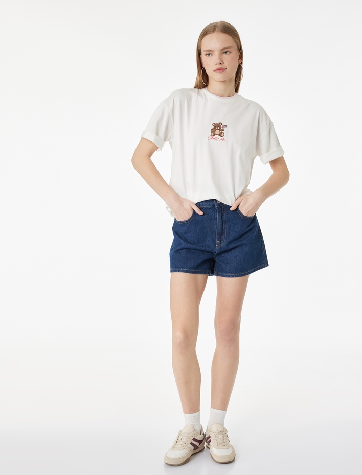  Kısa Kollu Ayıcık Nakışlı Bisiklet Yaka Pamuklu Oversize Tişört