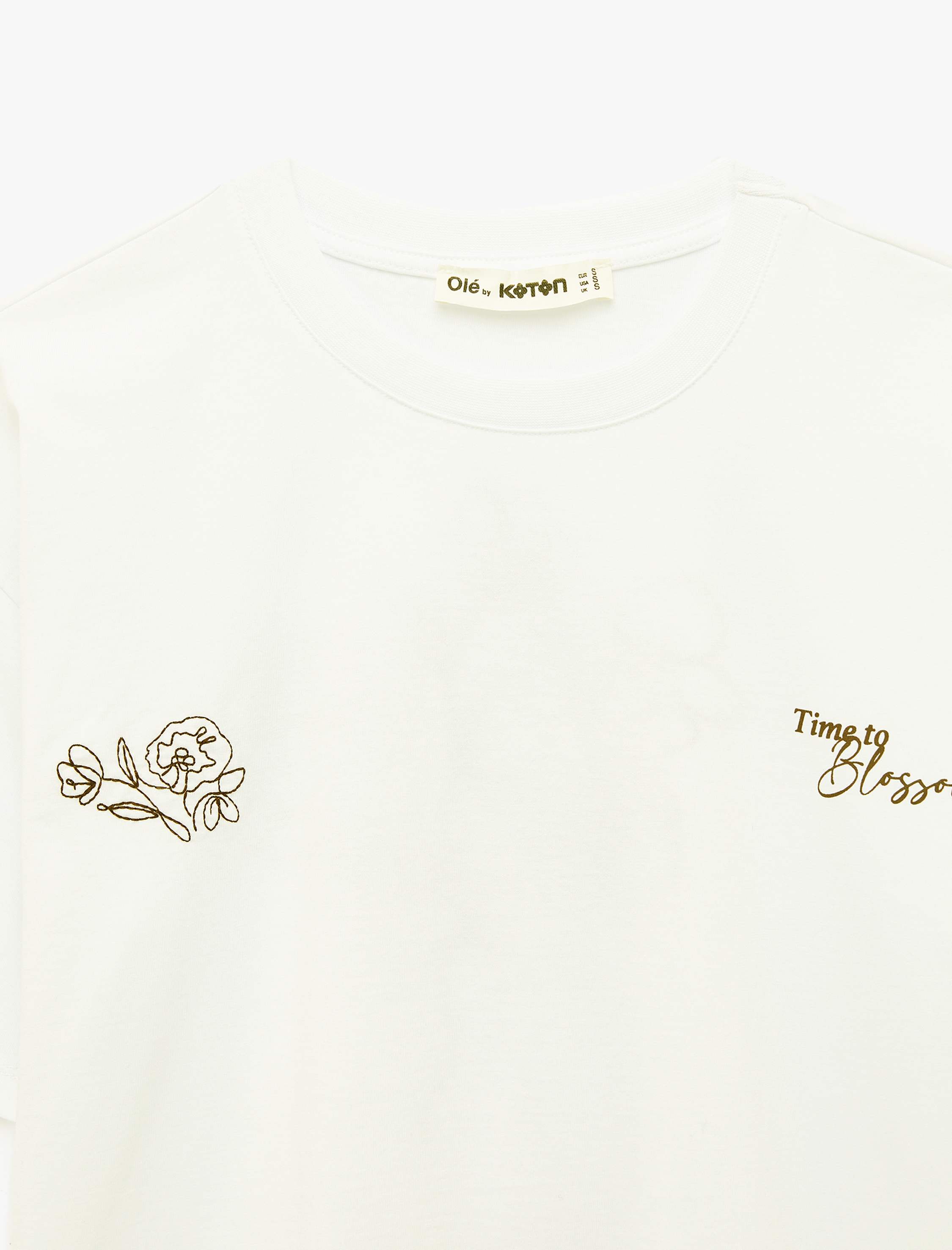   Çiçek Nakışlı Kısa Kollu Bisiklet Yaka Pamuklu Oversize Tişört