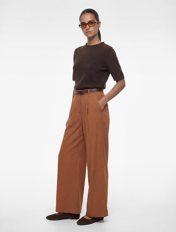  Viskon Karışımlı Cepli Kemerli Yüksek Bel Geniş Paça Palazzo Pantolon