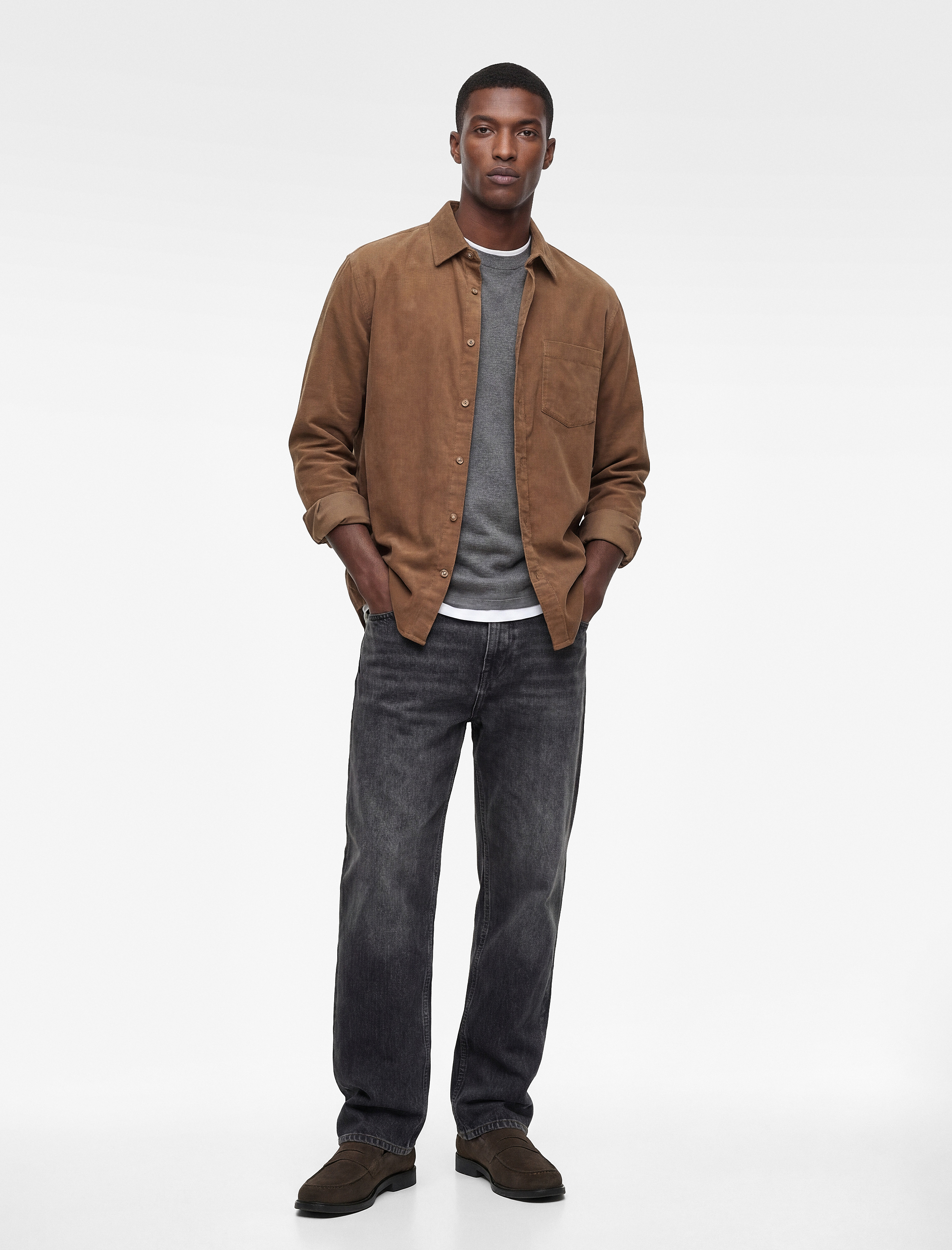   Regular Fit Klasik Yaka Cepli Pamuklu Uzun Kollu Fitilli Kadife Gömlek