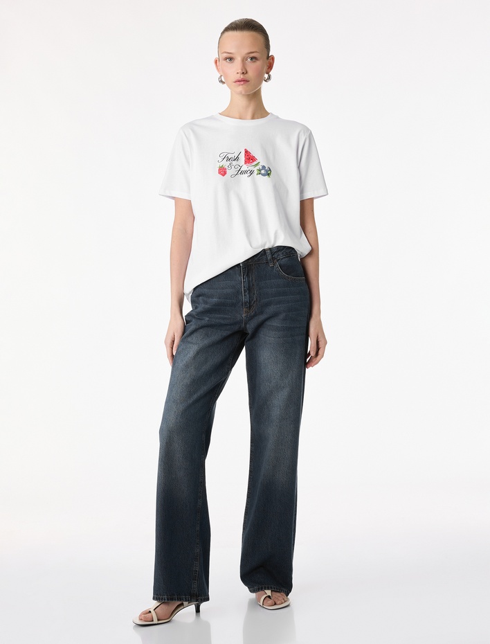  Pamuklu Kısa Kollu Bisiklet Yaka Karpuz ve Çilek Baskılı Tişört