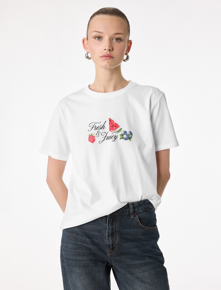  Pamuklu Kısa Kollu Bisiklet Yaka Karpuz ve Çilek Baskılı Tişört