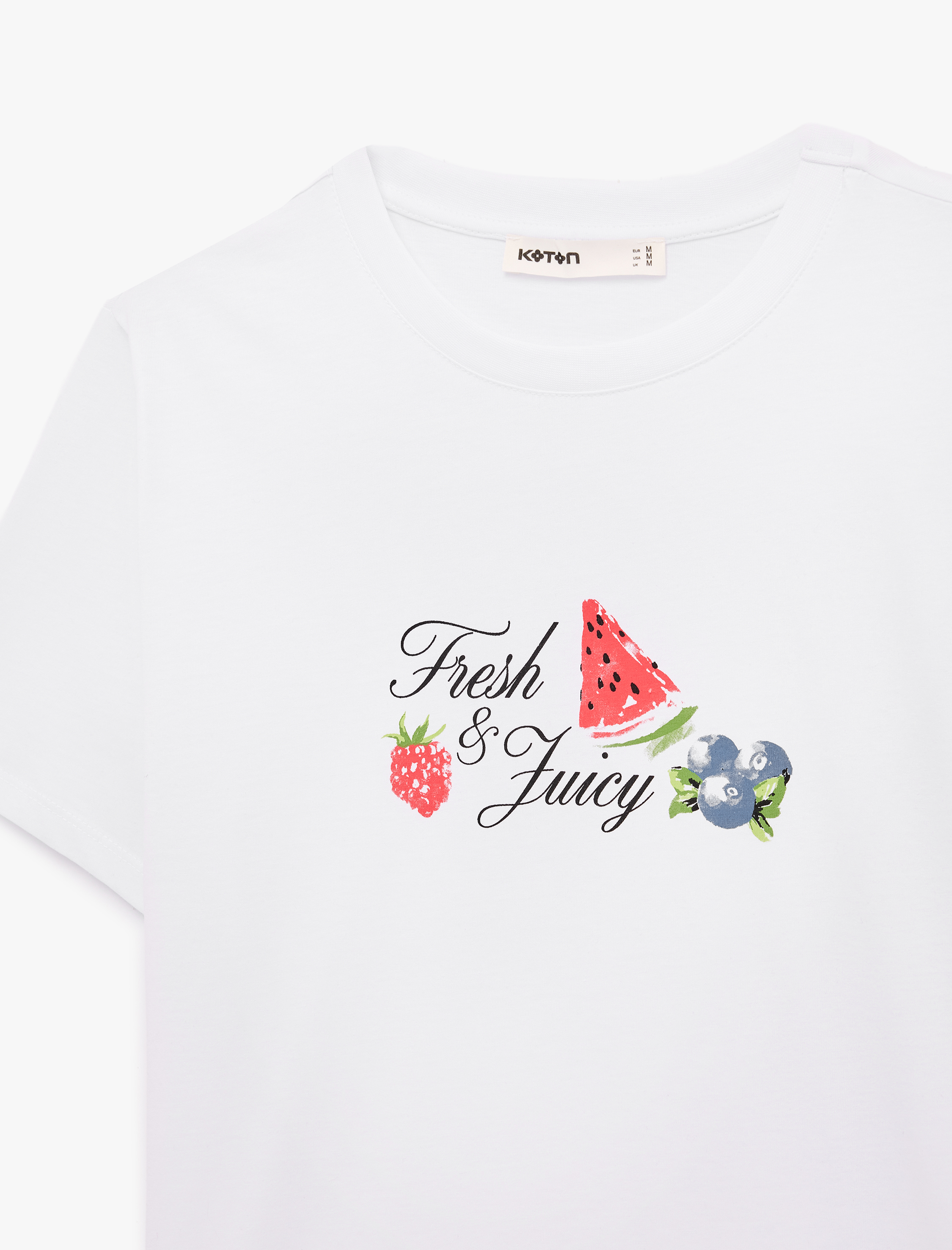   Pamuklu Kısa Kollu Bisiklet Yaka Karpuz ve Çilek Baskılı Tişört