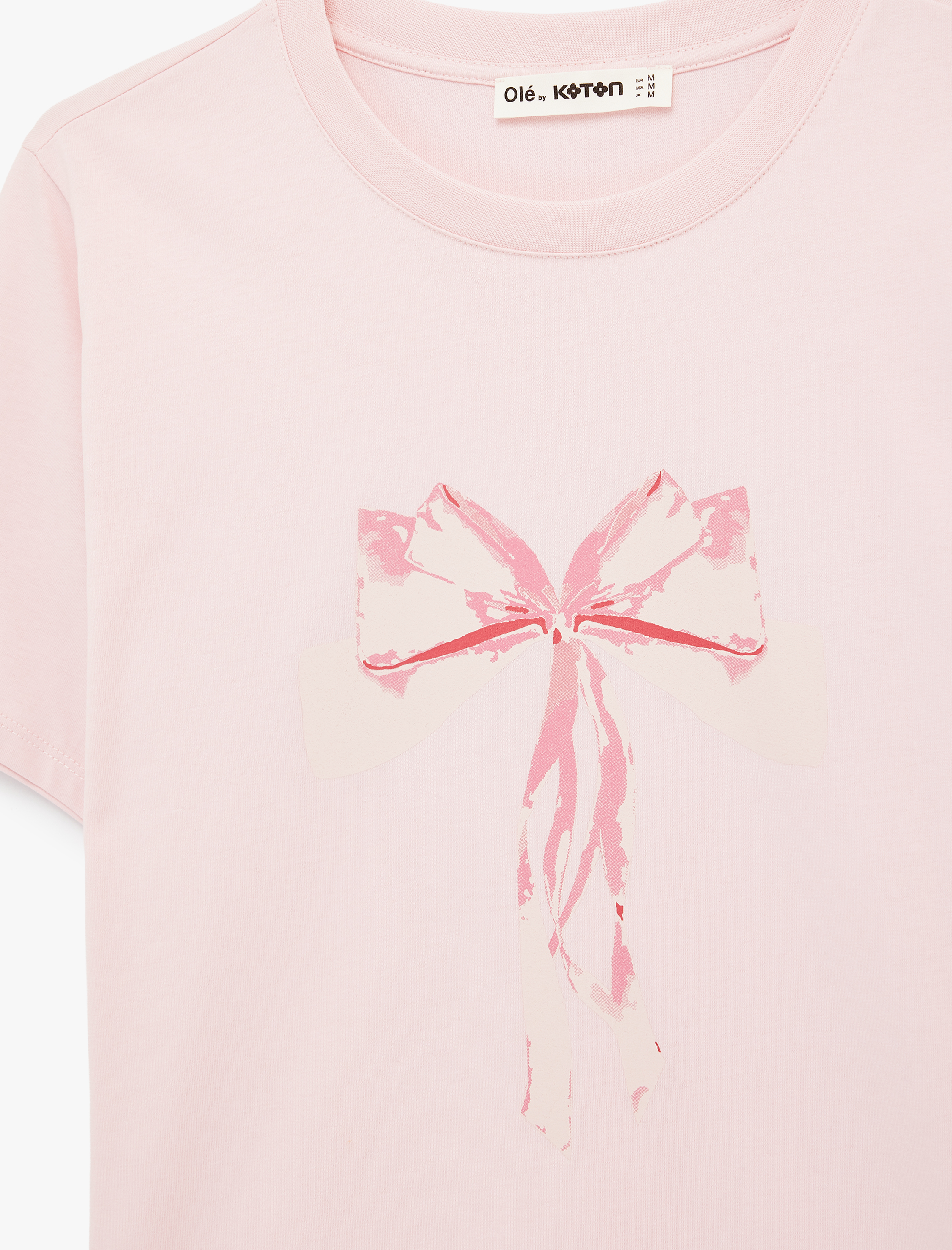   Kısa Kollu Bisiklet Yaka Pamuklu Fiyonk Baskılı Tişört