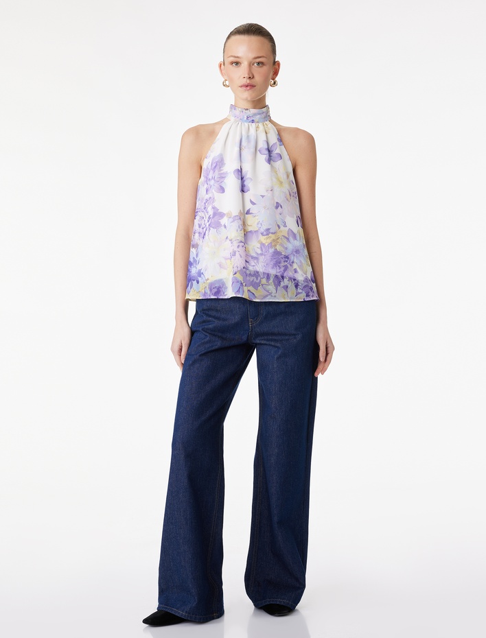  Kolsuz Çiçekli Halter Yaka Şifon Bluz