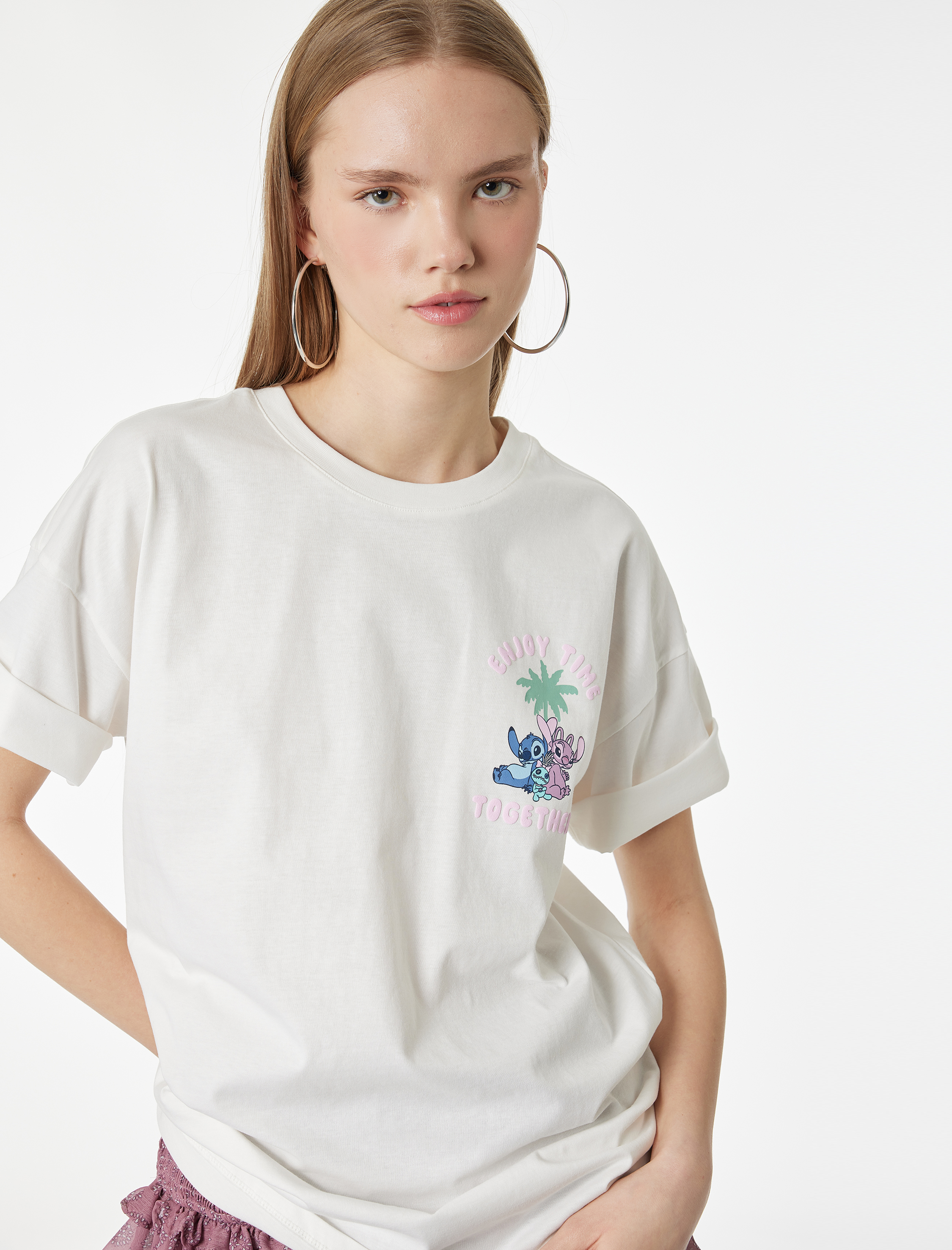   Stitch Lisanslı Kısa Kollu Pamuklu Arkası Baskılı Oversize Tişört