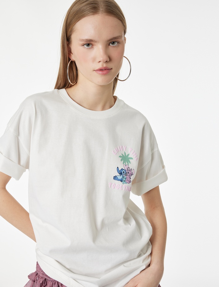  Stitch Lisanslı Kısa Kollu Pamuklu Arkası Baskılı Oversize Tişört