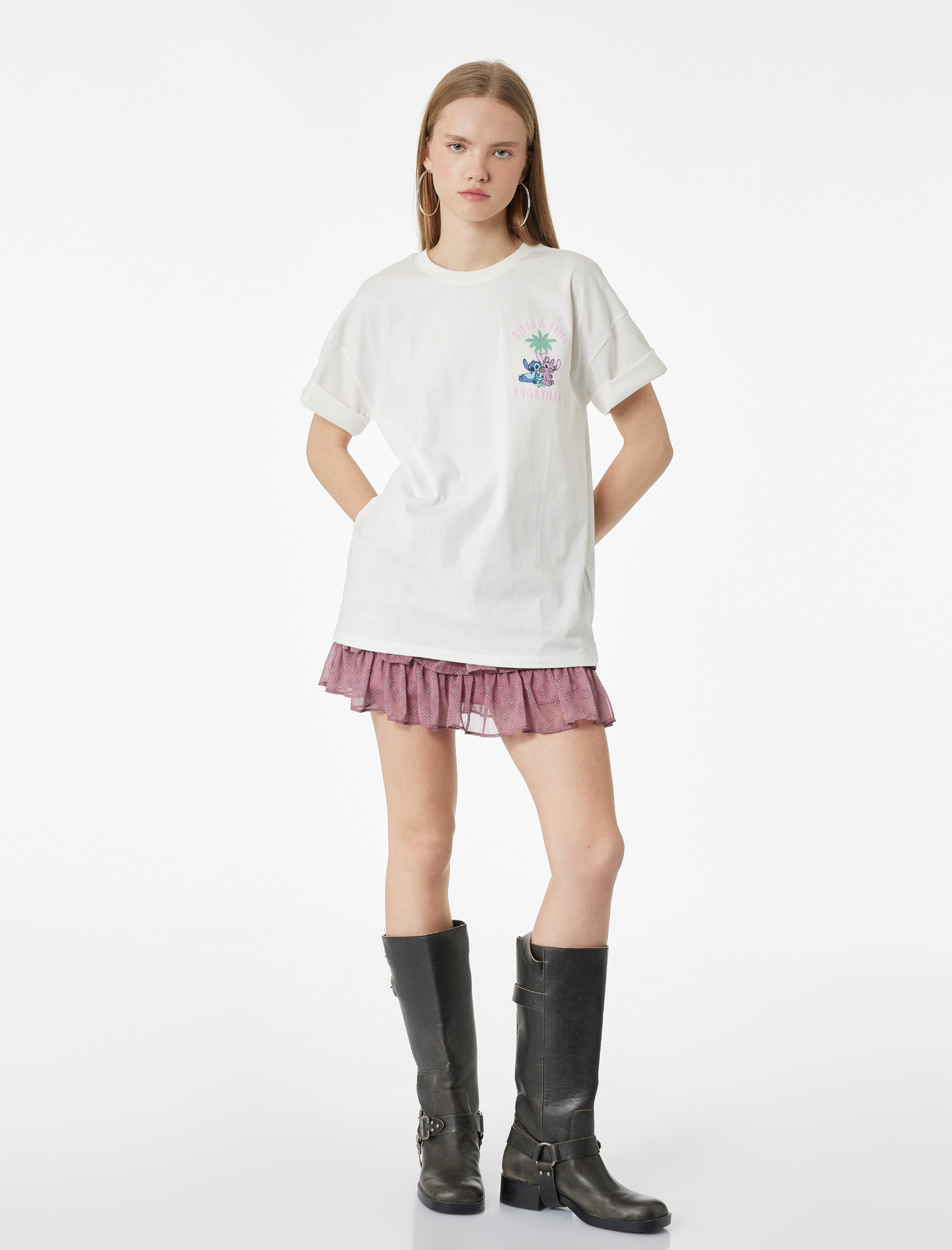   Stitch Lisanslı Kısa Kollu Pamuklu Arkası Baskılı Oversize Tişört