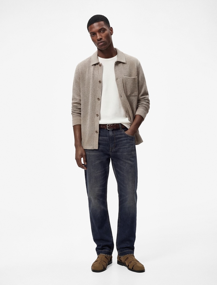  Regular Fit Cepli Waffle Dokulu Klasik Yaka Düğmeli Uzun Kollu Gömlek