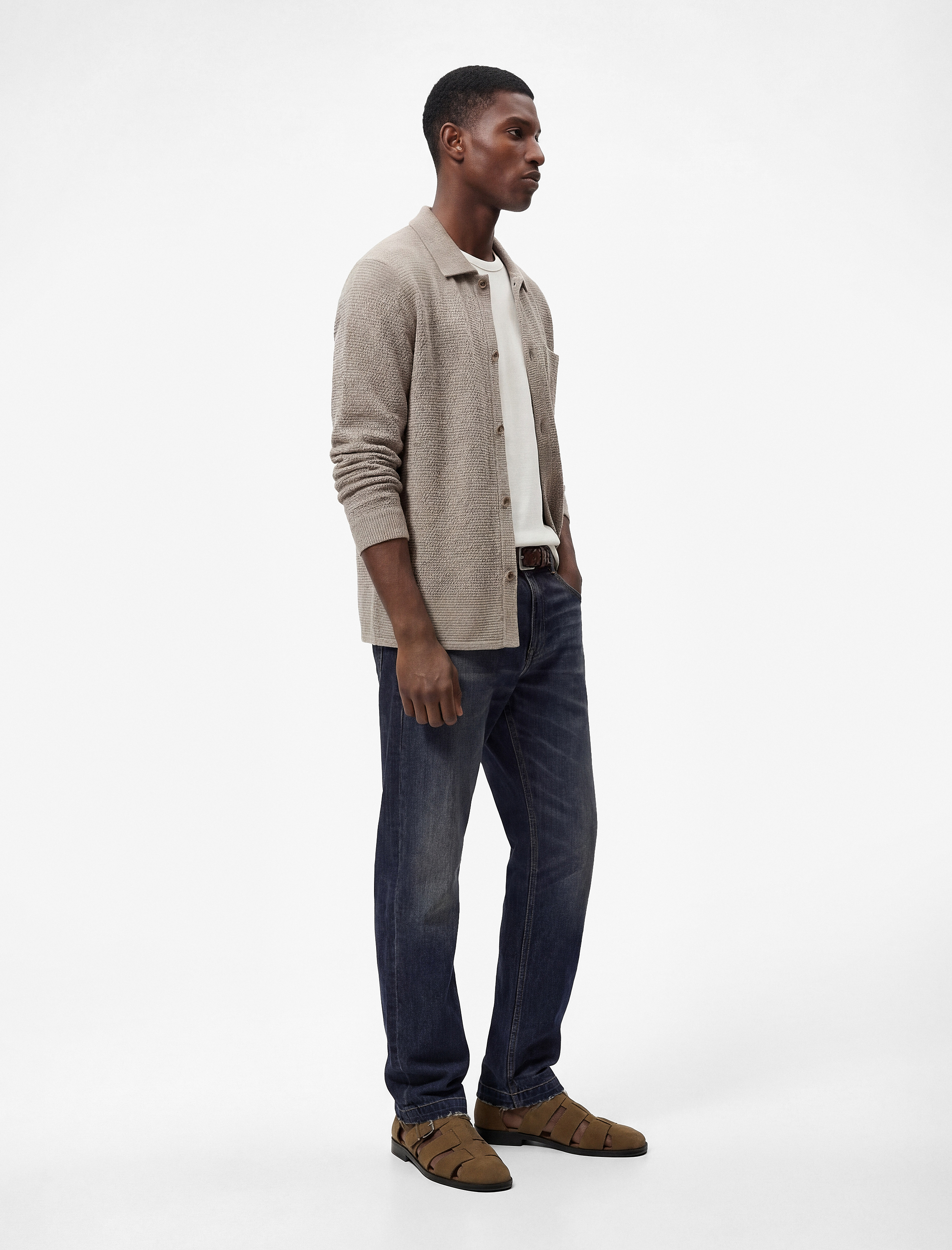   Regular Fit Cepli Waffle Dokulu Klasik Yaka Düğmeli Uzun Kollu Gömlek