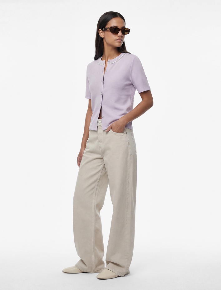  Pike Kumaş İnci Detaylı Kısa Kollu Bisiklet Yaka Crop Hırka