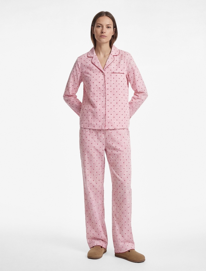  Rahat Kalıp Kalp Desenli Bağcık Detaylı Dokuma Poplin Pijama Altı