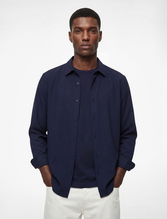  Regular Fit Düğmeli Uzun Kollu Yarım İtalyan Yaka Klasik Gömlek