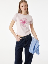 Slim Fit Bisiklet Yaka Kısa Kollu Pamuklu Baskılı Tişört