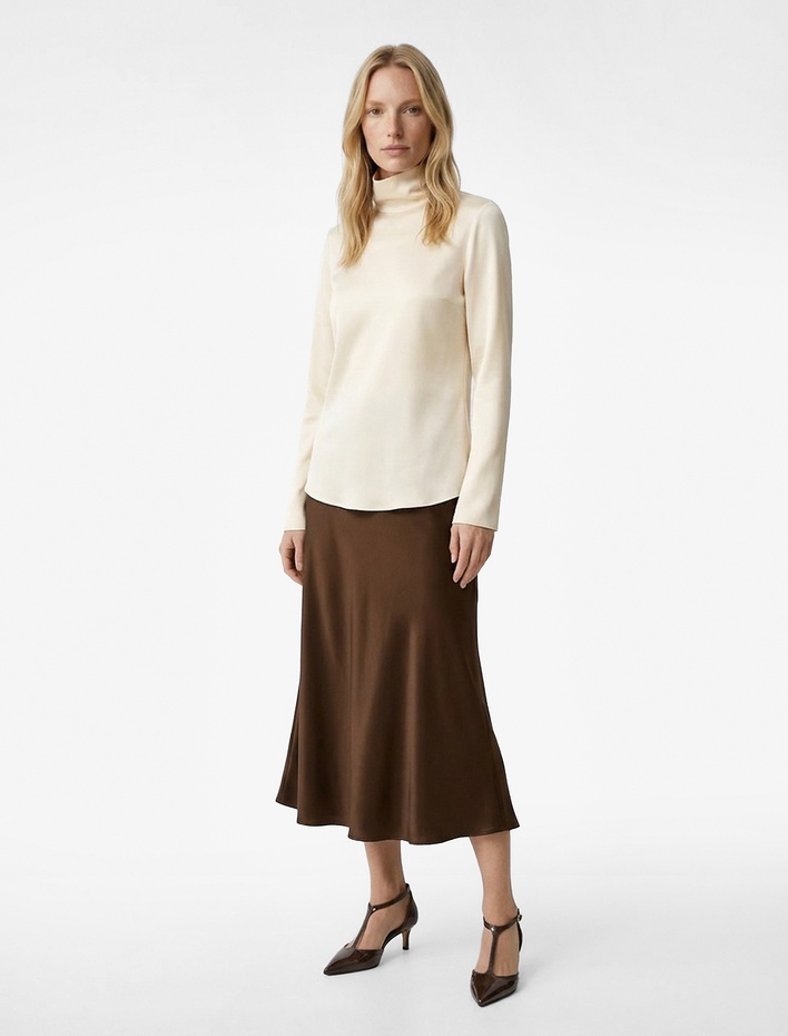  Viskon Kumaş Midi Saten Kloş Etek