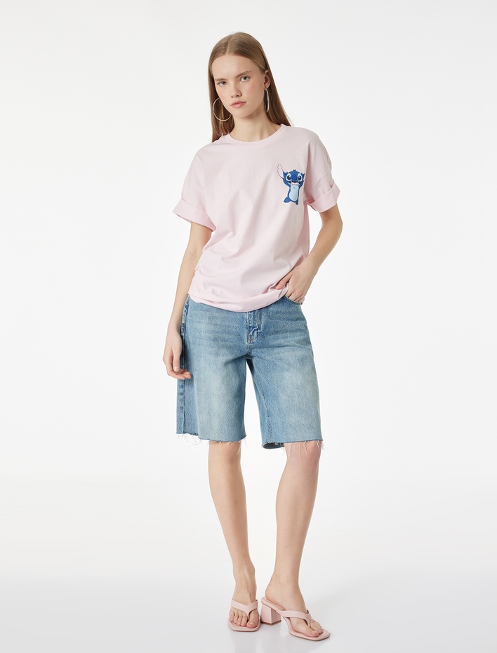  Stitch Lisanslı Baskılı Kısa Kollu Bisiklet Yaka Pamuklu Tişört