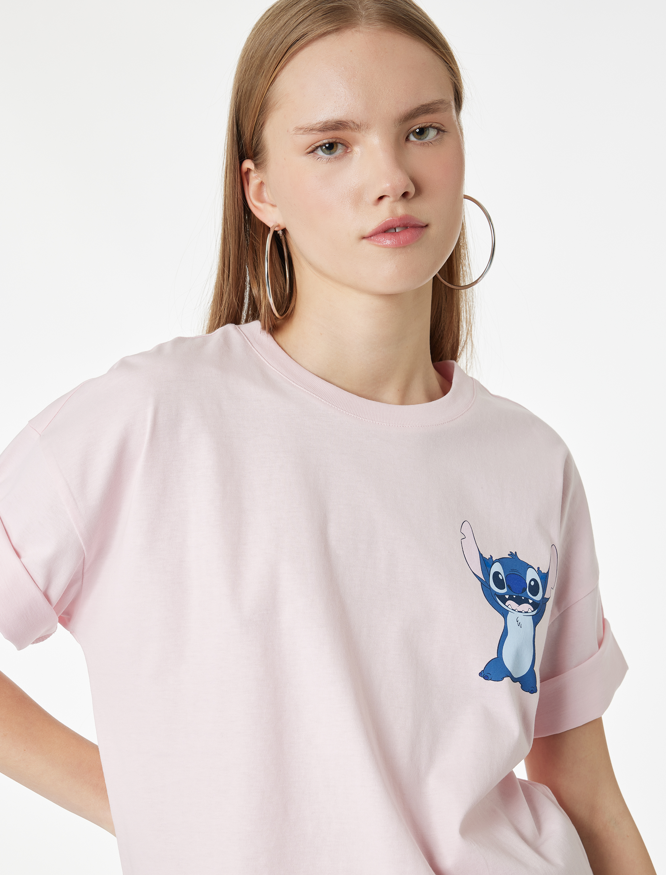   Stitch Lisanslı Baskılı Kısa Kollu Bisiklet Yaka Pamuklu Tişört