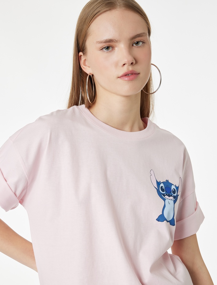  Stitch Lisanslı Baskılı Kısa Kollu Bisiklet Yaka Pamuklu Tişört