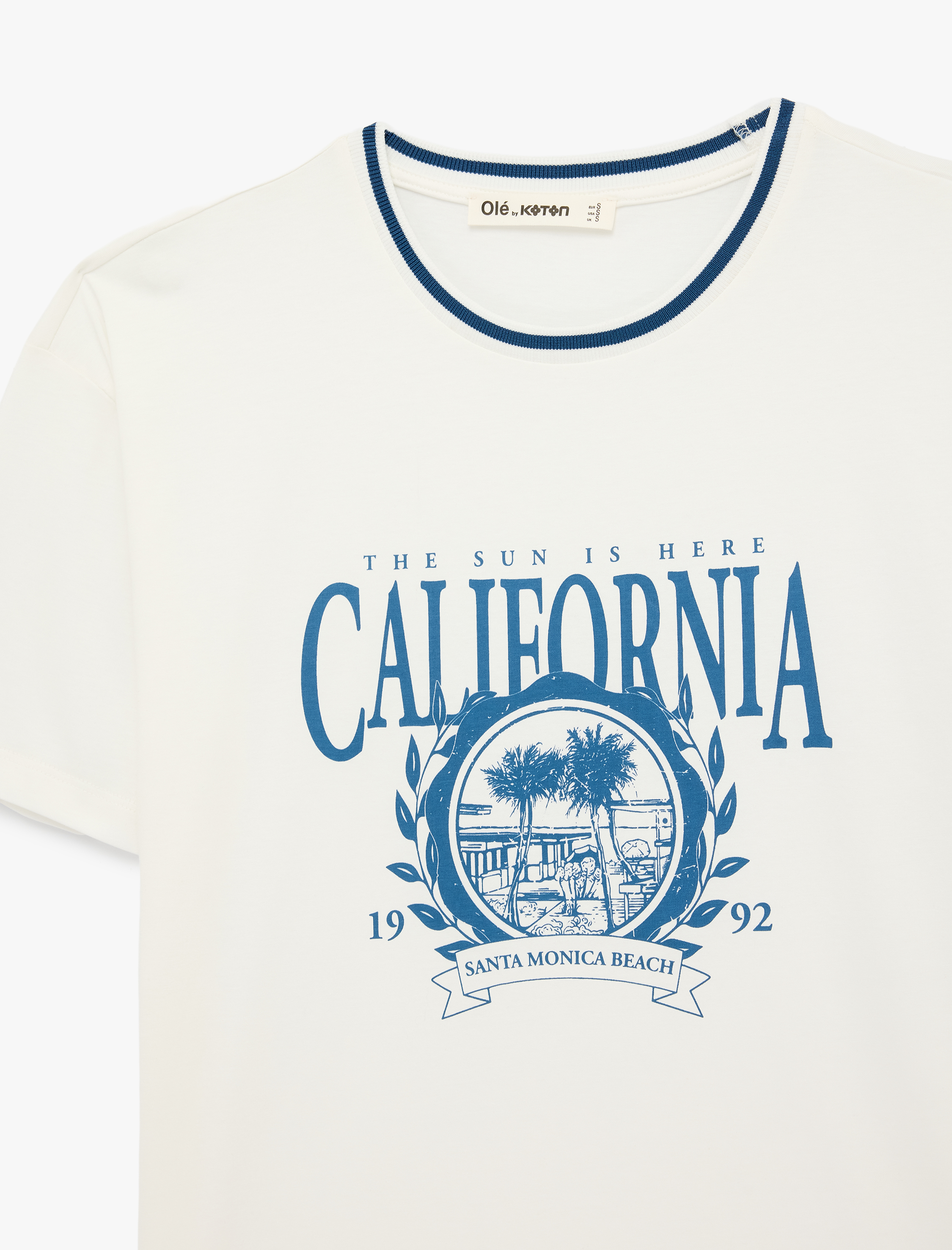   Pamuklu Bisiklet Yaka Biyeli Kısa Kollu Baskılı Tişört