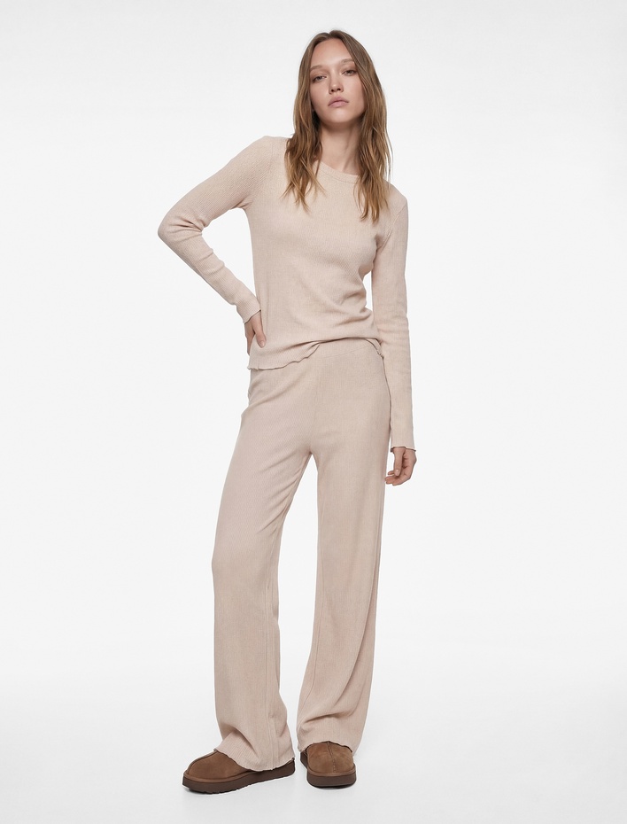  Uzun Kollu Viskon Karışımlı Örme Slim Fit Pijama Takımı - 2'li Set