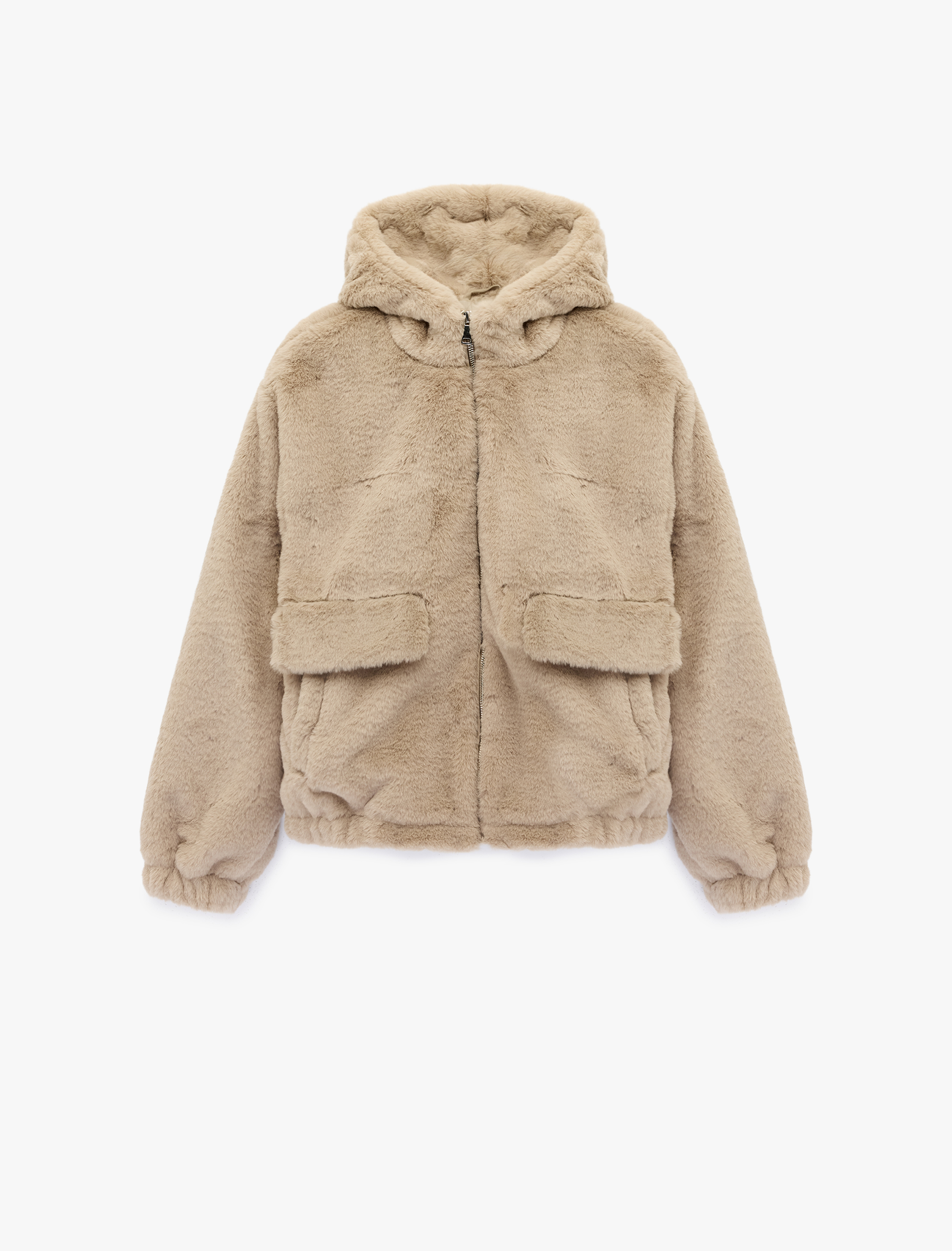   Cep Detaylı Uzun Kollu Fermuarlı Kapüşonlu Suni Kürk Ceket