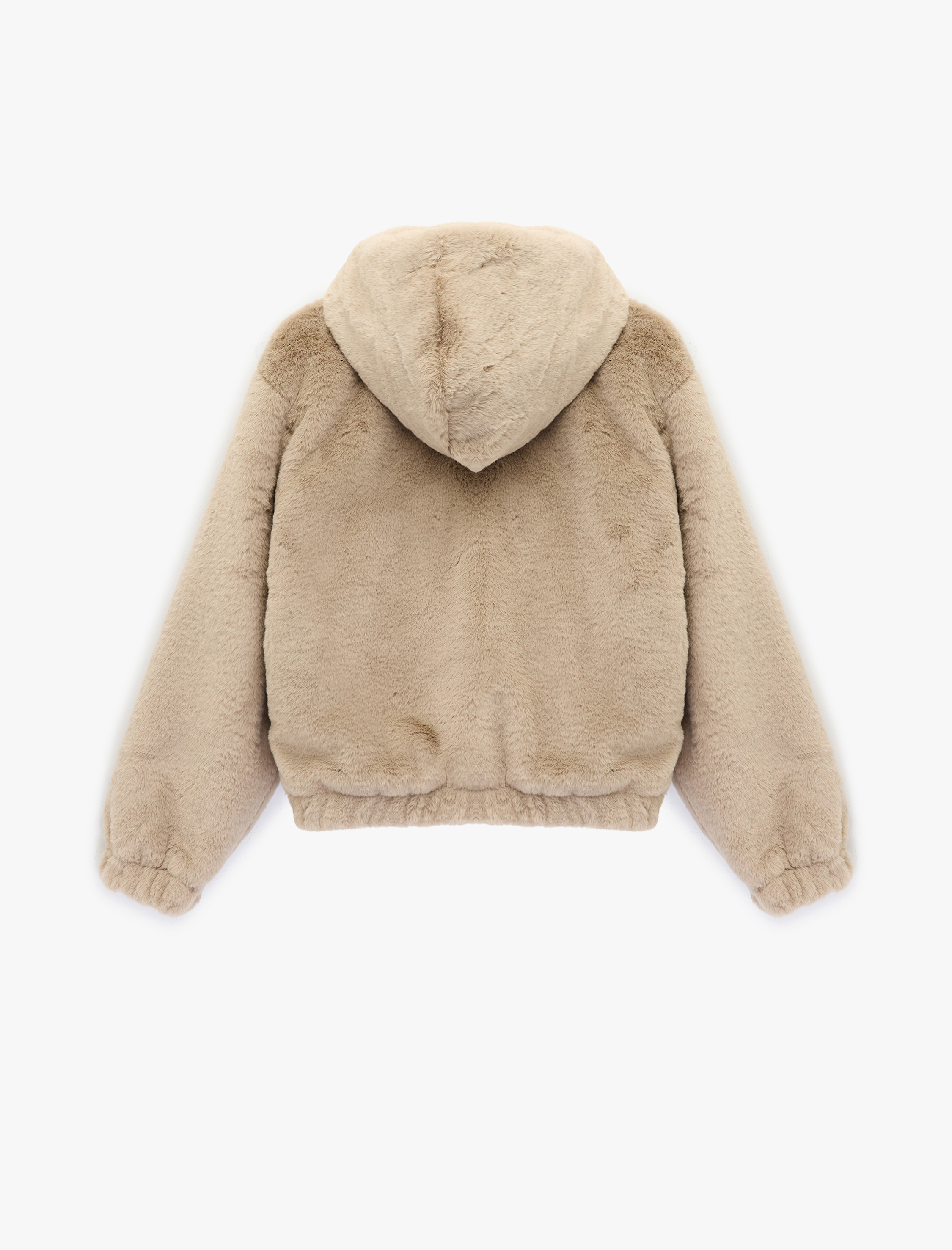   Cep Detaylı Uzun Kollu Fermuarlı Kapüşonlu Suni Kürk Ceket