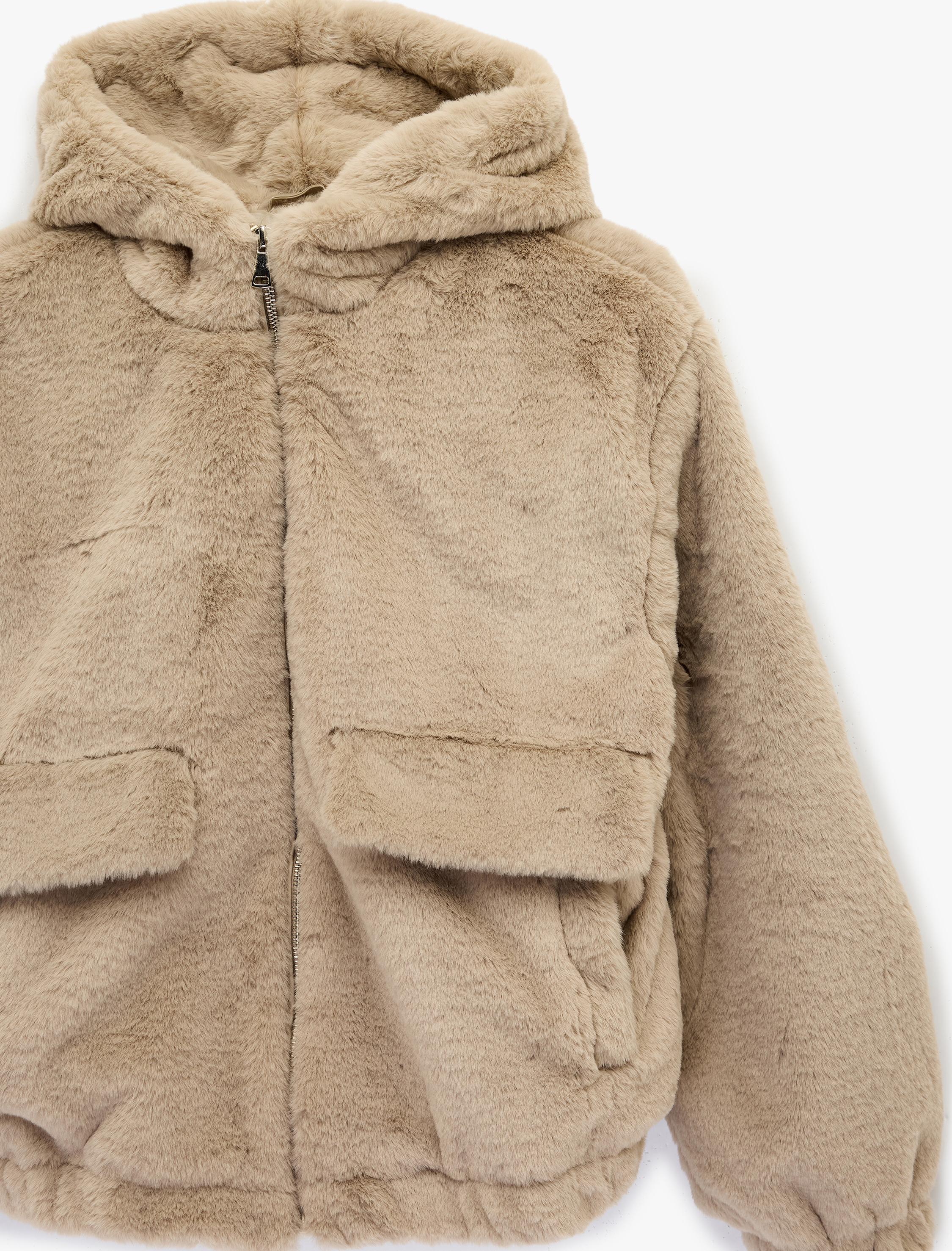   Cep Detaylı Uzun Kollu Fermuarlı Kapüşonlu Suni Kürk Ceket