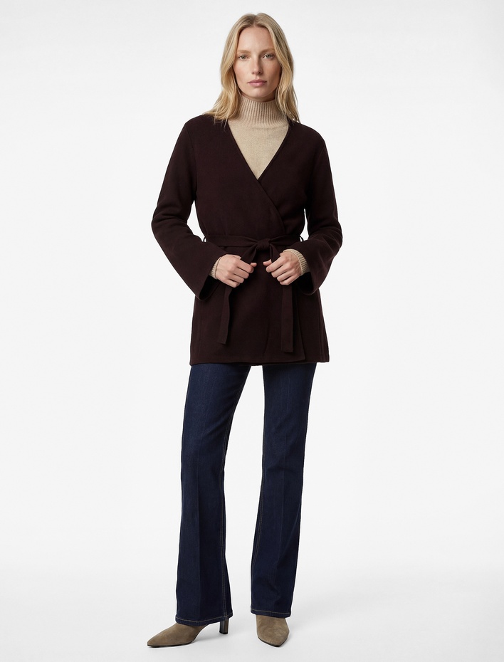  Koton X Melis Ağazat - Uzun Geniş Kollu Beli Bağcıklı Düğme Detaylı Uzun Kruvaze Hırka