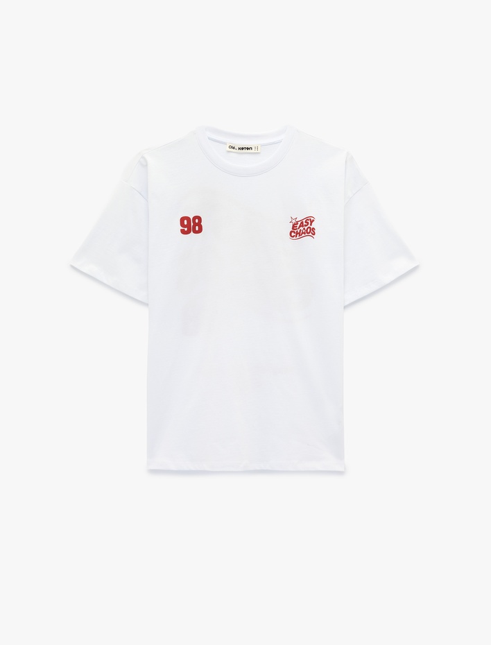  Pamuklu Bisiklet Yaka Kısa Kollu Arkası Baskılı Oversize Tişört