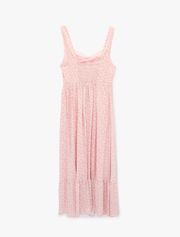  Kalp Yaka Kolsuz Viskon Gipeli Çiçekli Uzun Elbise